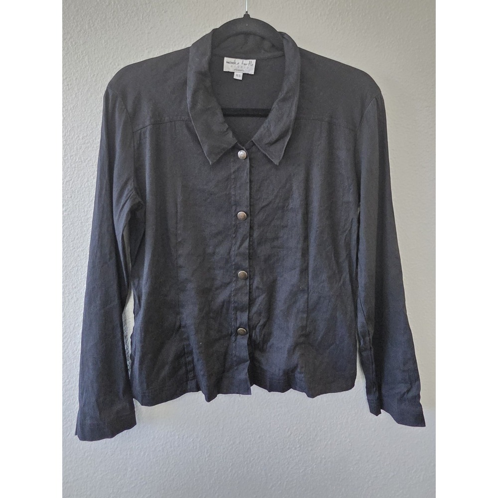 Monika Turtle Studio Linen Shirt XS Black Collared Long Sleeve Blouse Top